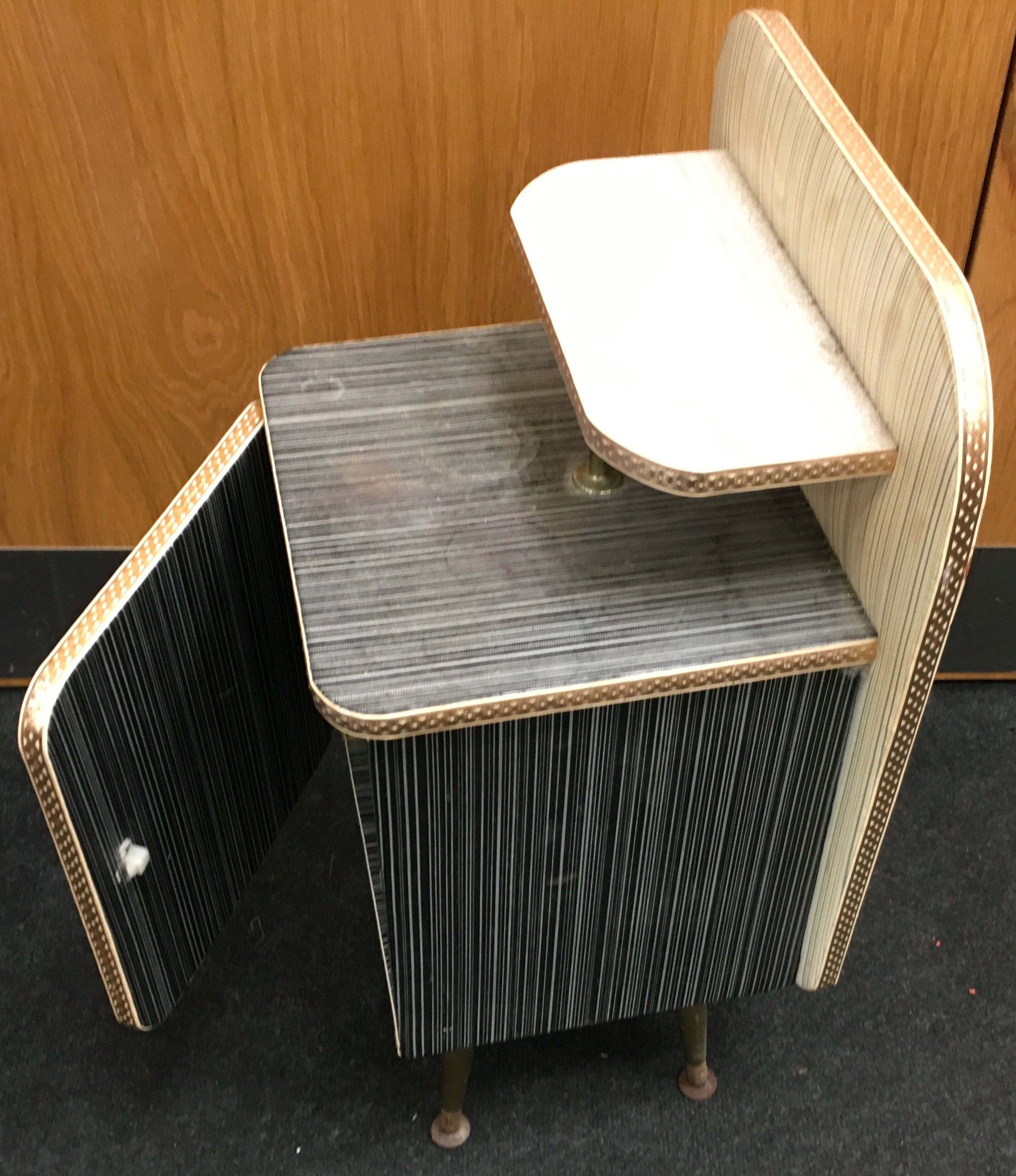 1950's padded vinyl bedside cabinet with single door cupboard and overshelf on tapered feet. O/all - Image 3 of 4