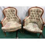 Pair of oak framed upholstered tub back armchairs. Seat height 13"