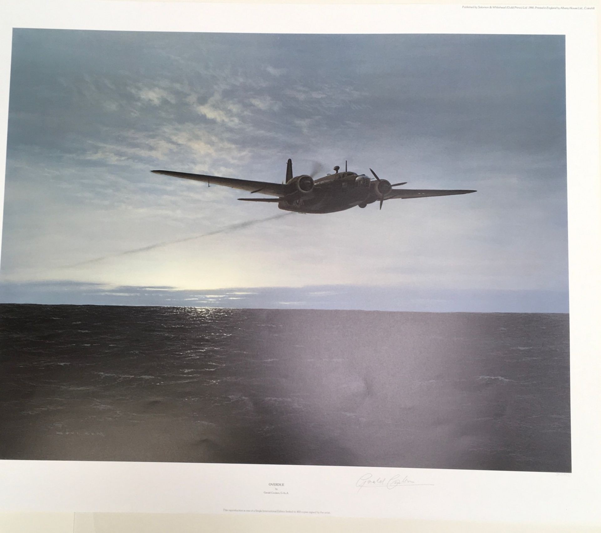 Overdue a ltd edition second WW study of RAF airplane by Gerald Coulson with indentation stamp
