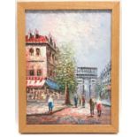 Small framed abstract oil on canvas painting of a Parisian street scene signed "Burnett" 45x35cm.