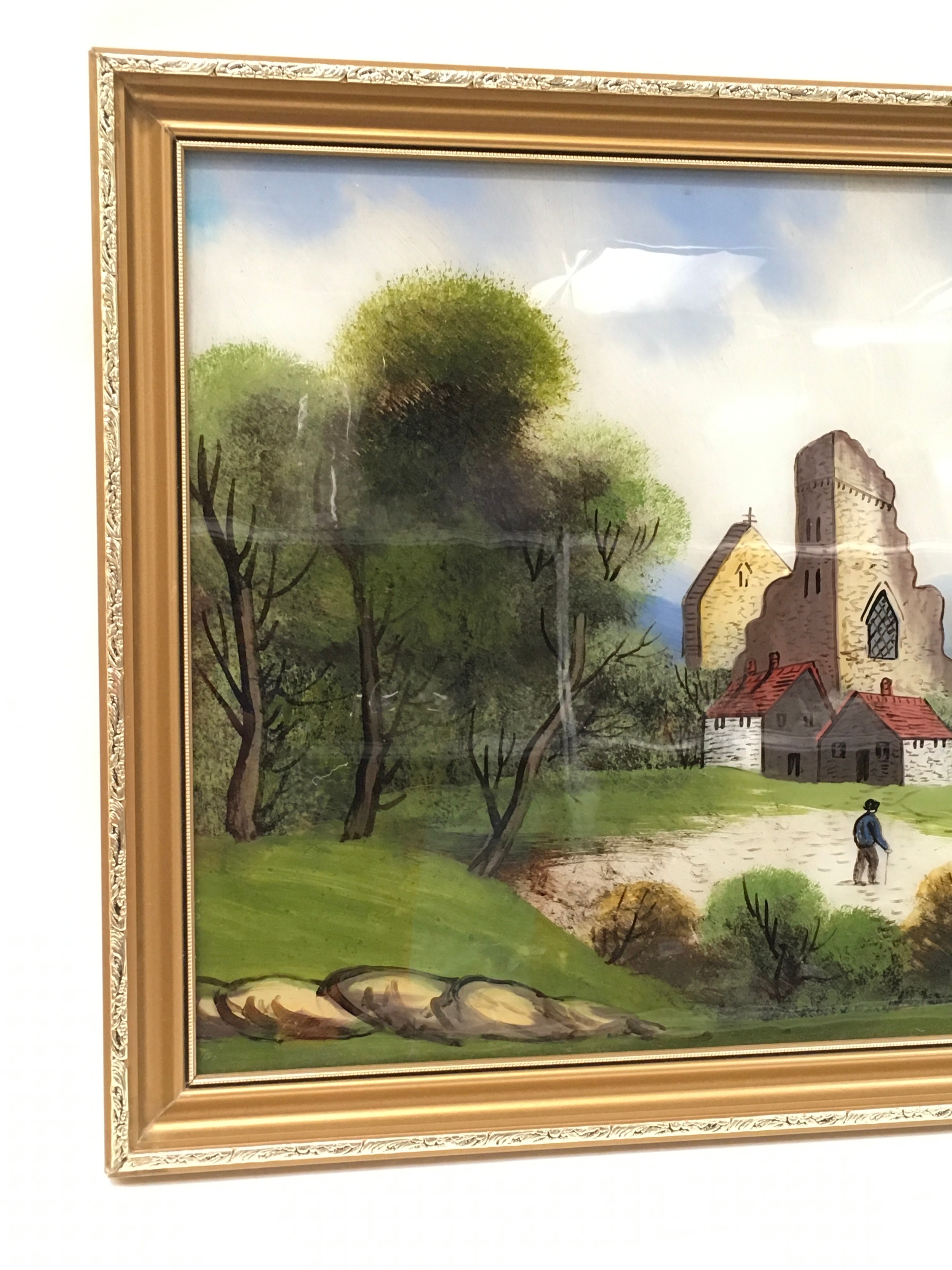 Gilt frame oil on glass depicting a vintage church scene 65x45cm - Image 2 of 5