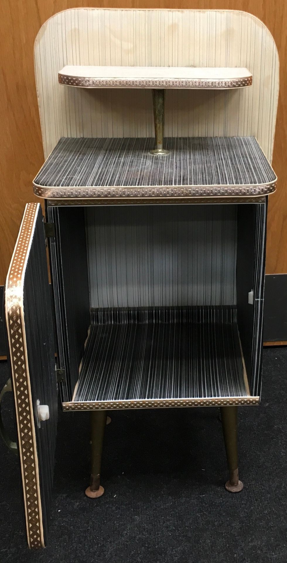 1950's padded vinyl bedside cabinet with single door cupboard and overshelf on tapered feet. O/all - Image 2 of 4