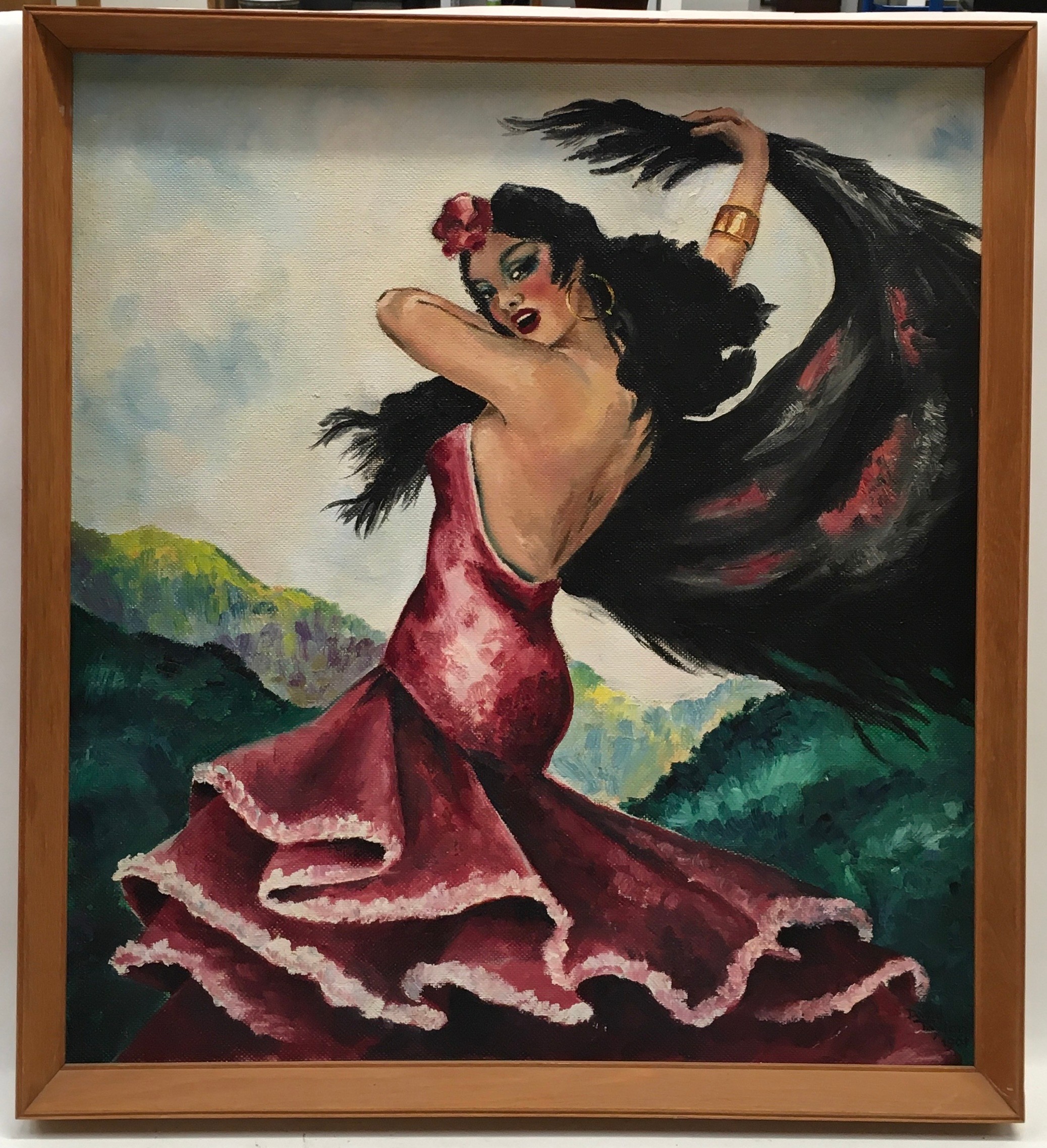 David Taylor: Mid 20th century framed oil on board painting of a flamenco dancer signed and dated