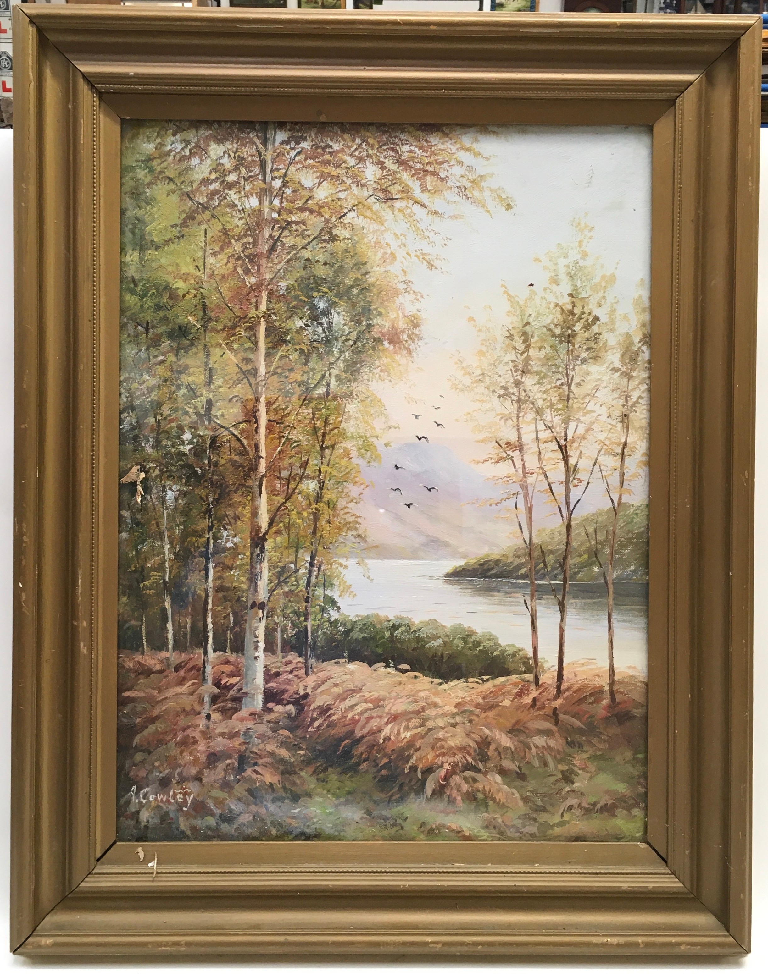 Framed and glazed oil on canvas painting of a nature and river scene signed "A. Cowley" 62x78cm.