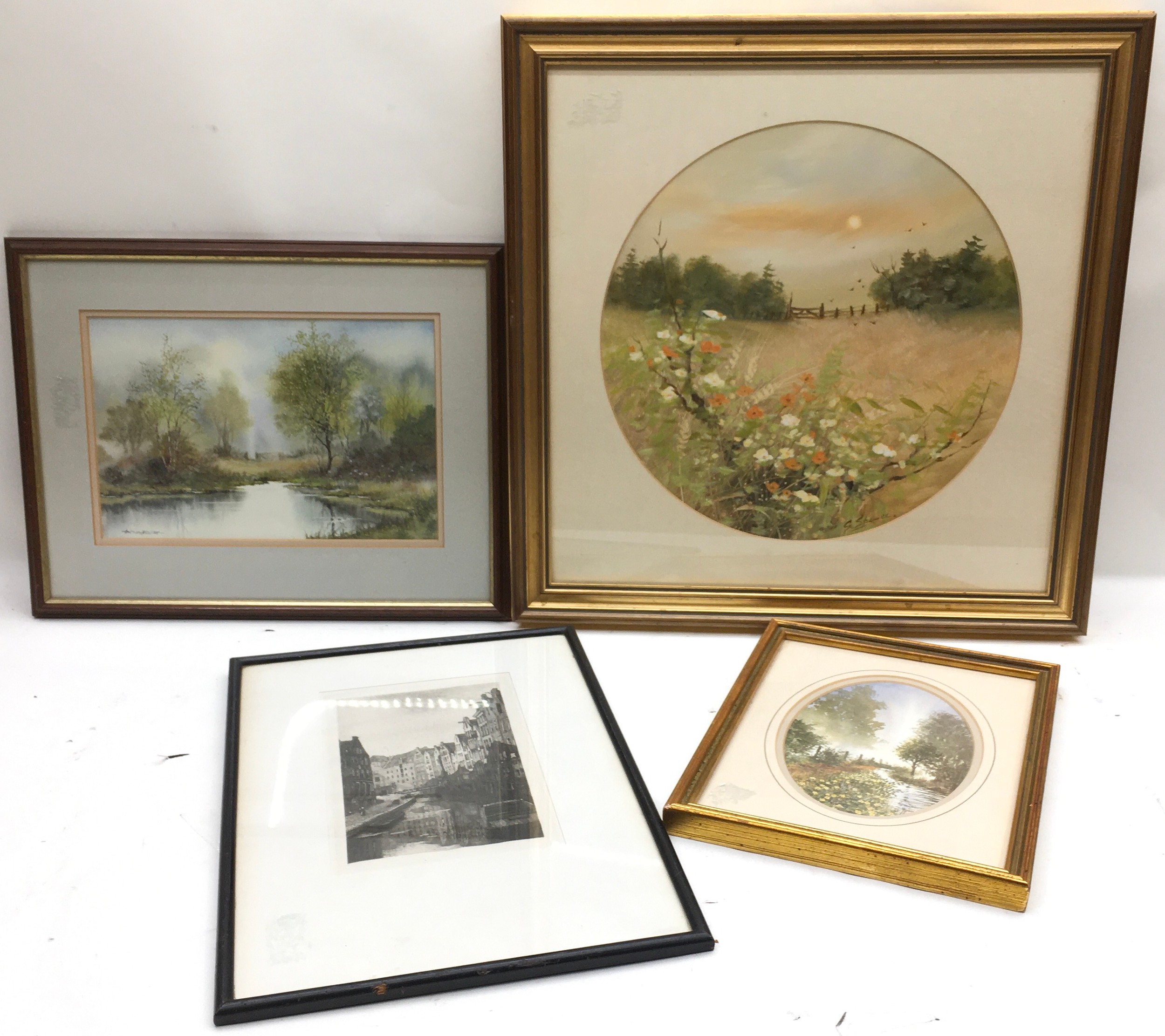 Collection of 4 framed pictures, the largest signed G Spence with an overall frame size 17" x 17.5"