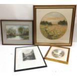 Collection of 4 framed pictures, the largest signed G Spence with an overall frame size 17" x 17.5"