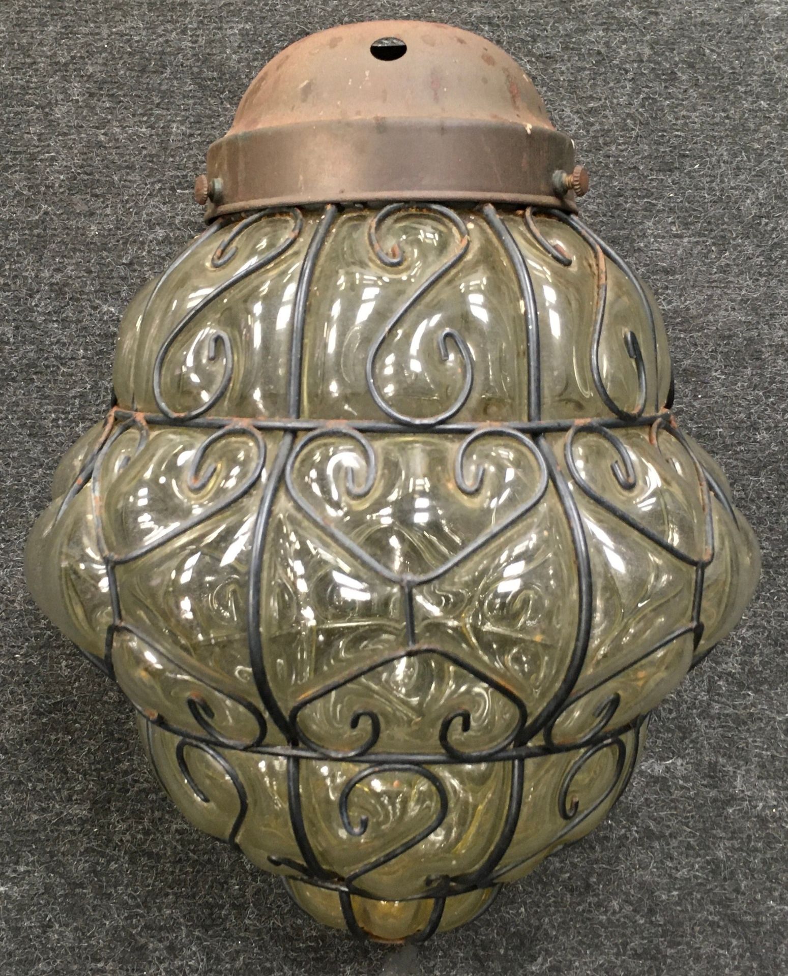 Vintage ornate wrought iron and moulded glass porch lamp shade c/w original gallery. Approx 10" tall
