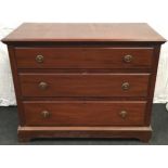 Large mahogany bedroom chest of three drawers with brass ring pull handles to front 91x114x54cm.