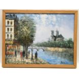 Framed oil on canvas of a Parisian river scene signed "Burnett" 66x50cm.