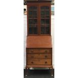 Mahogany two part bureau bookcase with upper glazed section 201x69x44cm.