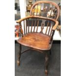 Elm/Yew Windsor stick back chair with crinoline stretcher, standing on rounded legs C19 95x50x40cm