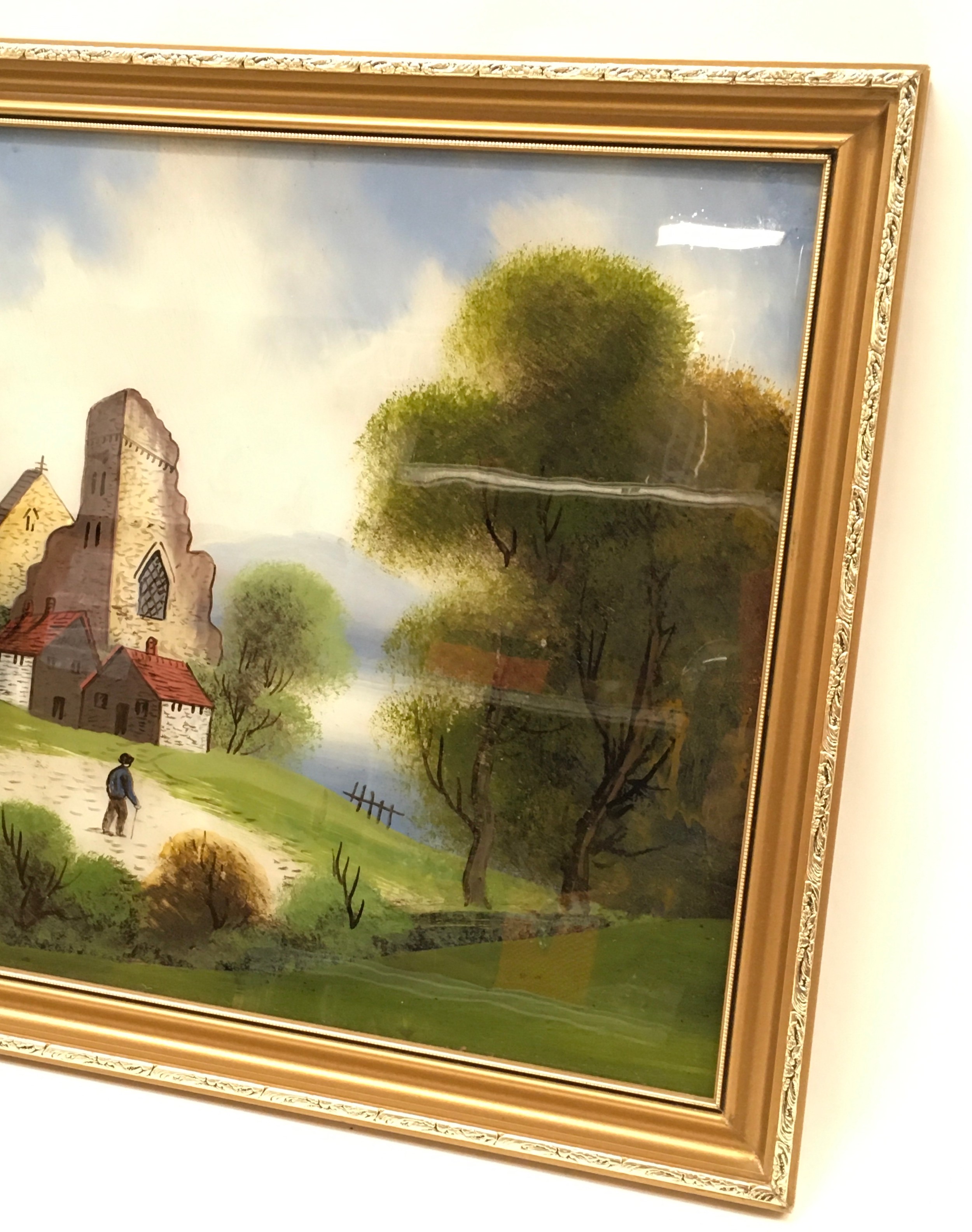 Gilt frame oil on glass depicting a vintage church scene 65x45cm - Image 4 of 5