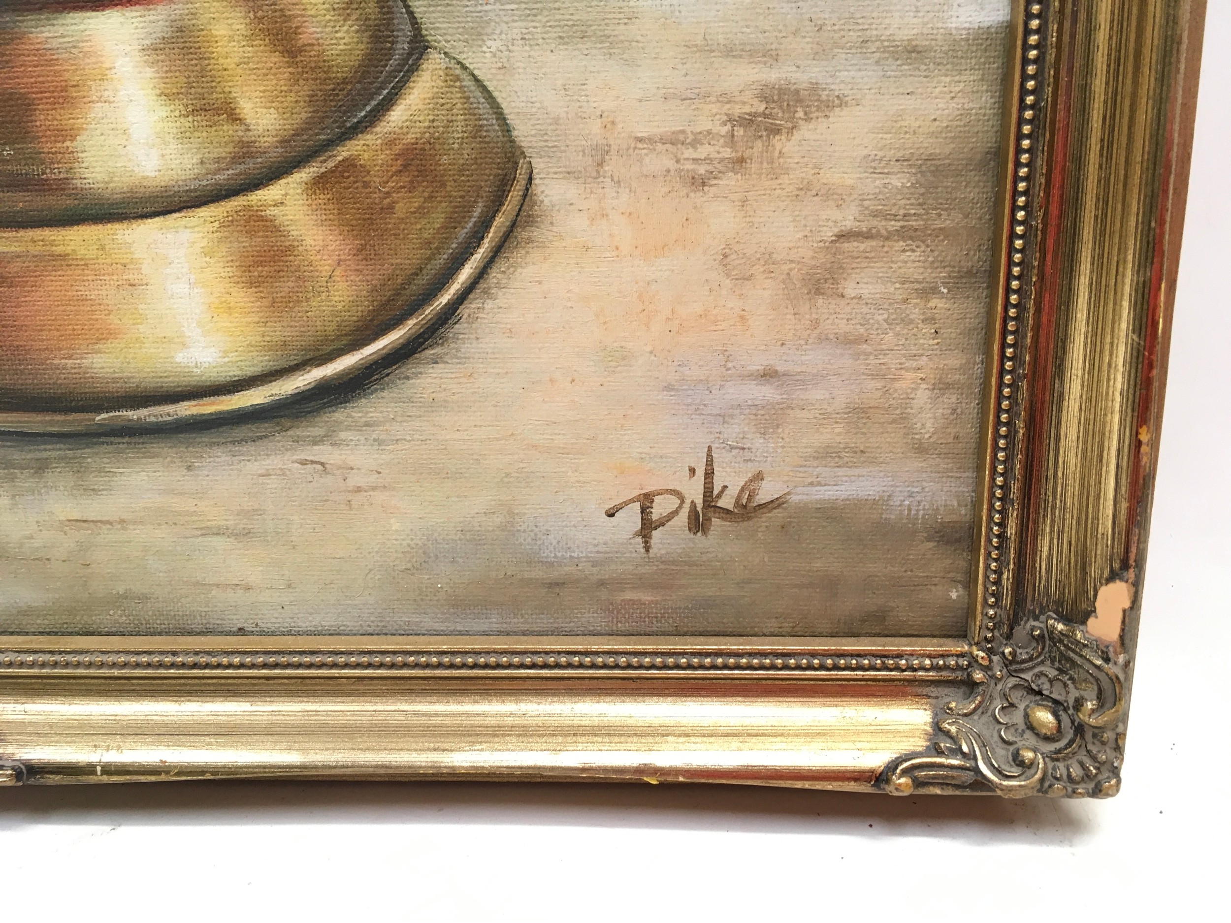 Gilt framed oil on canvas painting of a kitten in a coal scuttle signed "Pike" 46x56cm. - Image 2 of 3