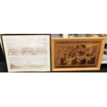 Framed picture of Ostia 91 x 74 cm and a framed marquetry picture. 66 x 103 cm.
