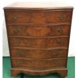 Reproduction flamed mahogany bow fronted chest of five drawers with brass drop handles to front 68cm