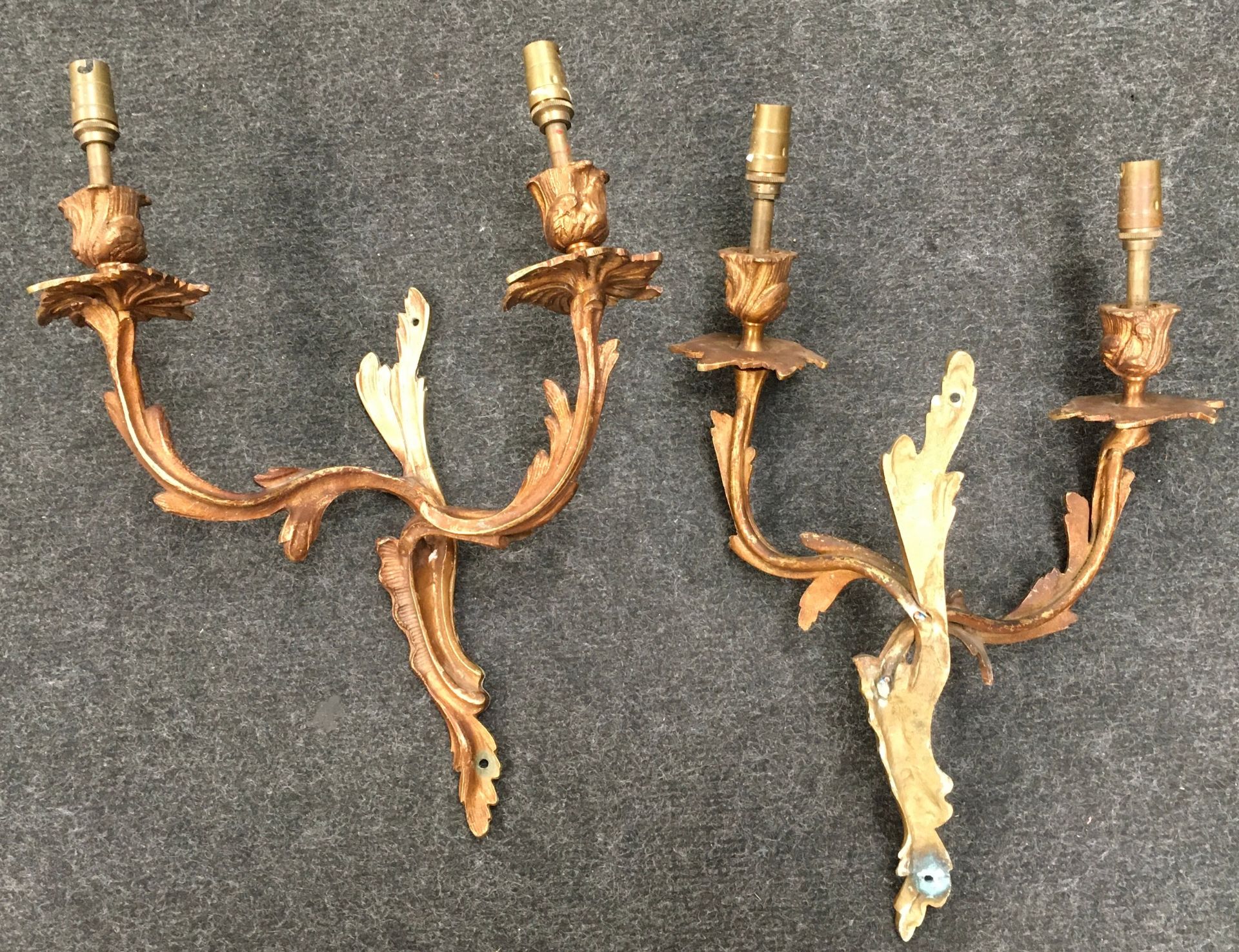 Three vintage brass wall lights with acanthus leaf decoration, 2 x two stem and 1 x three stem. Each - Image 2 of 3
