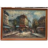 Large framed abstract oil on canvas painting of a Parisian street scene signed "Burnett" 98x68cm.