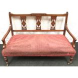 Vintage oak two seater upholstered bench with marquetry inlay and decorative inlaid and pierced