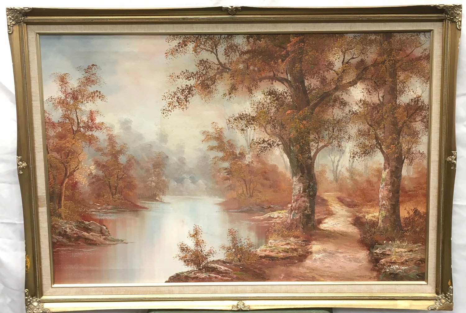 Large gilt frame oil on canvase of an "Autumn Woodland" scene signed C.Inness 100x70cm