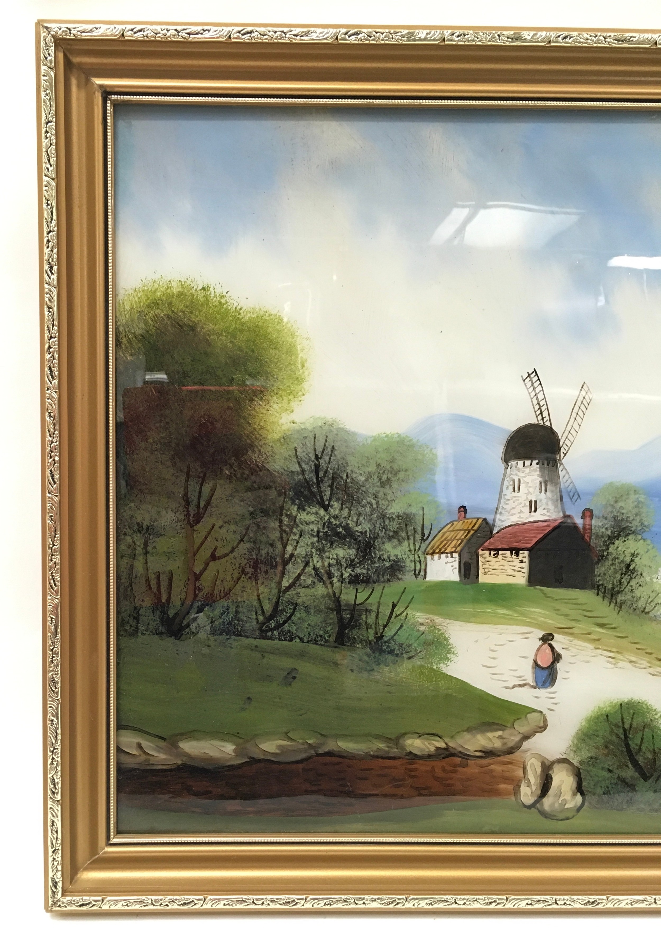 Gilt frame oil on glass depicting a lake side wind mill 65x45cm - Image 2 of 5