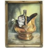 Gilt framed oil on canvas painting of a kitten in a coal scuttle signed "Pike" 46x56cm.