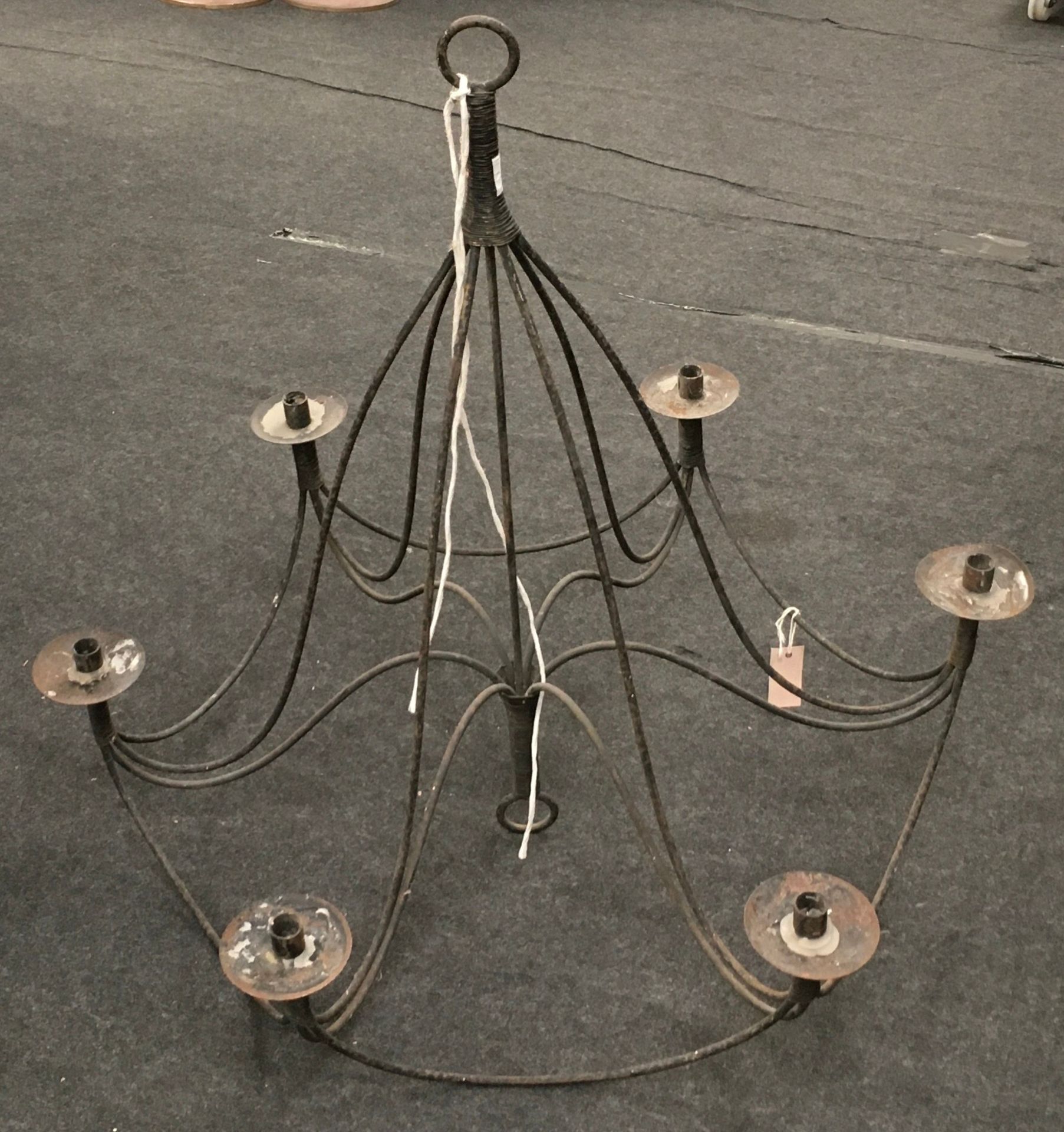 Large rustic cast metal six branch candelabra. Approx 36" across x 34" tall - Image 3 of 3