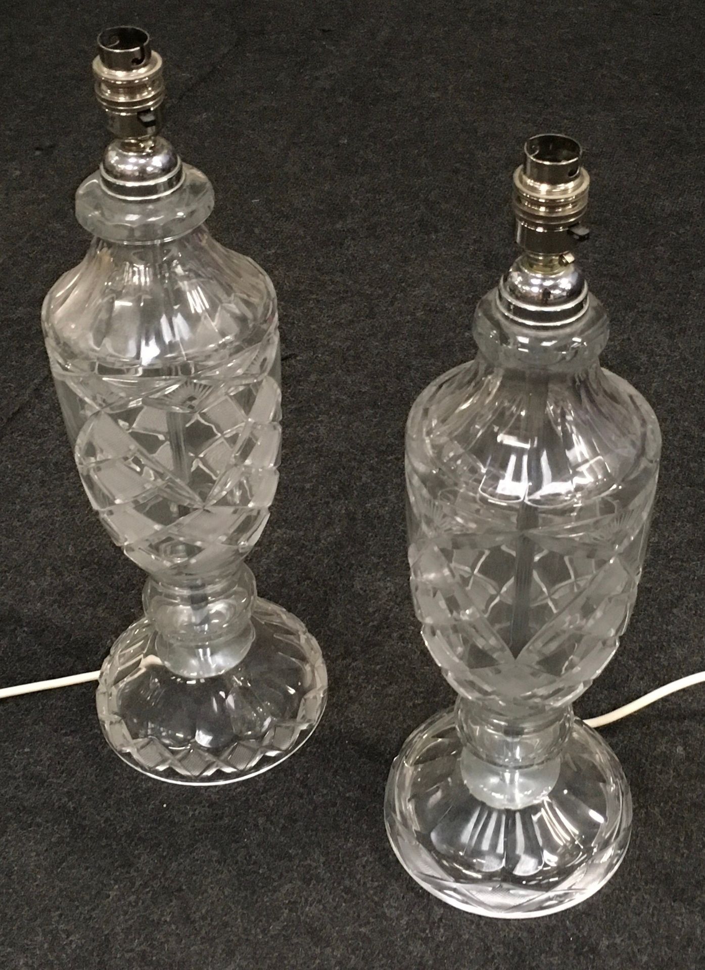 Quality pair of tall Bohemia cut lead crystal glass table lamps approx 18" tall