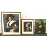 Three mixed media pictures, one depicting a laughing cavalier.