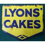 Original vintage double sided enamel sign advertising Lyons Cakes. O/all size 15.5" x 17.5"