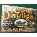 Original vintage enamel double sided sign advertising Royal Daylight Lamp Oil. Size 21" x 14.5"