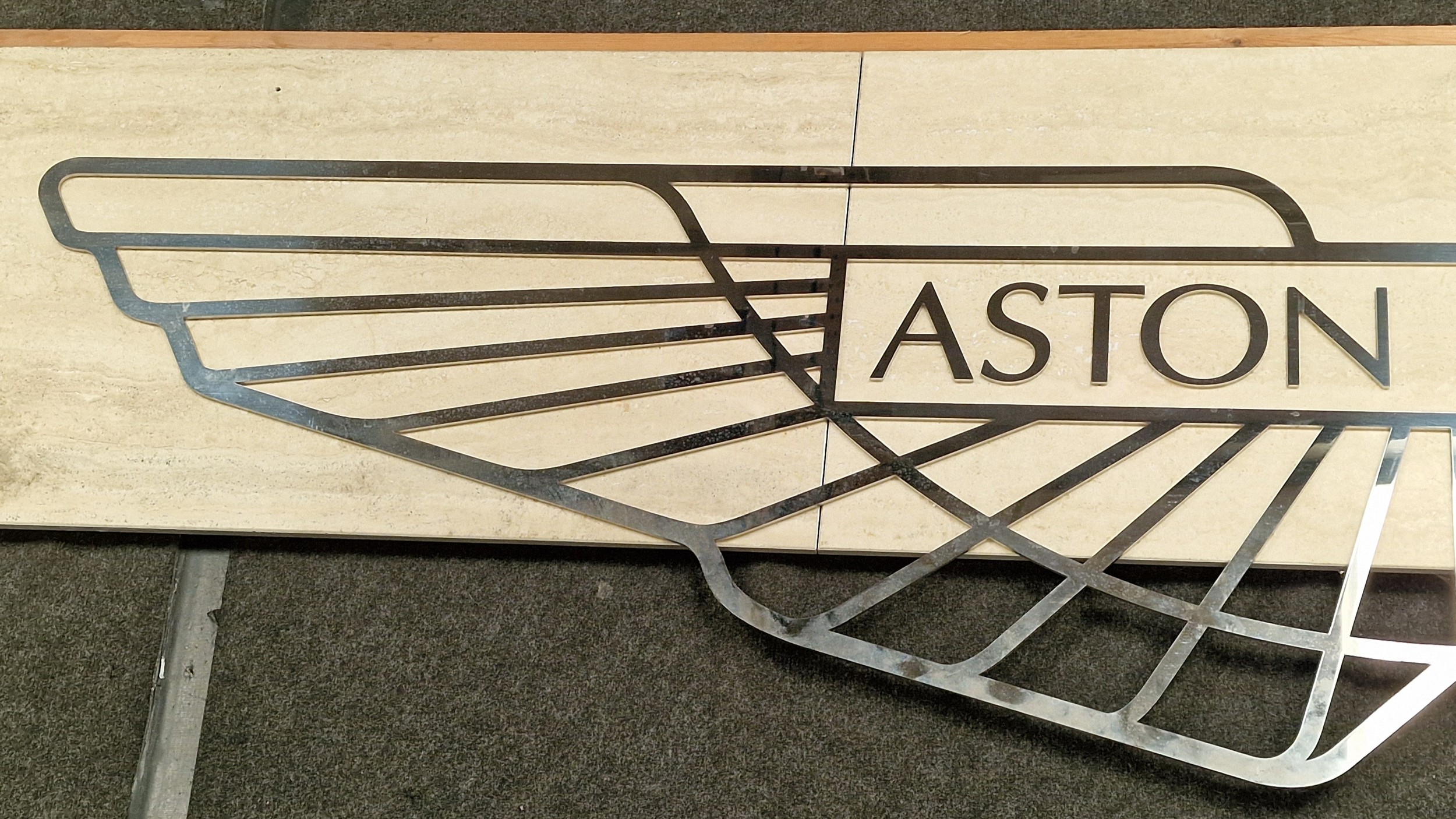 A Stainless steel Aston Martin exhibition sign mounted on slate board 300x72cm total size. - Image 2 of 4