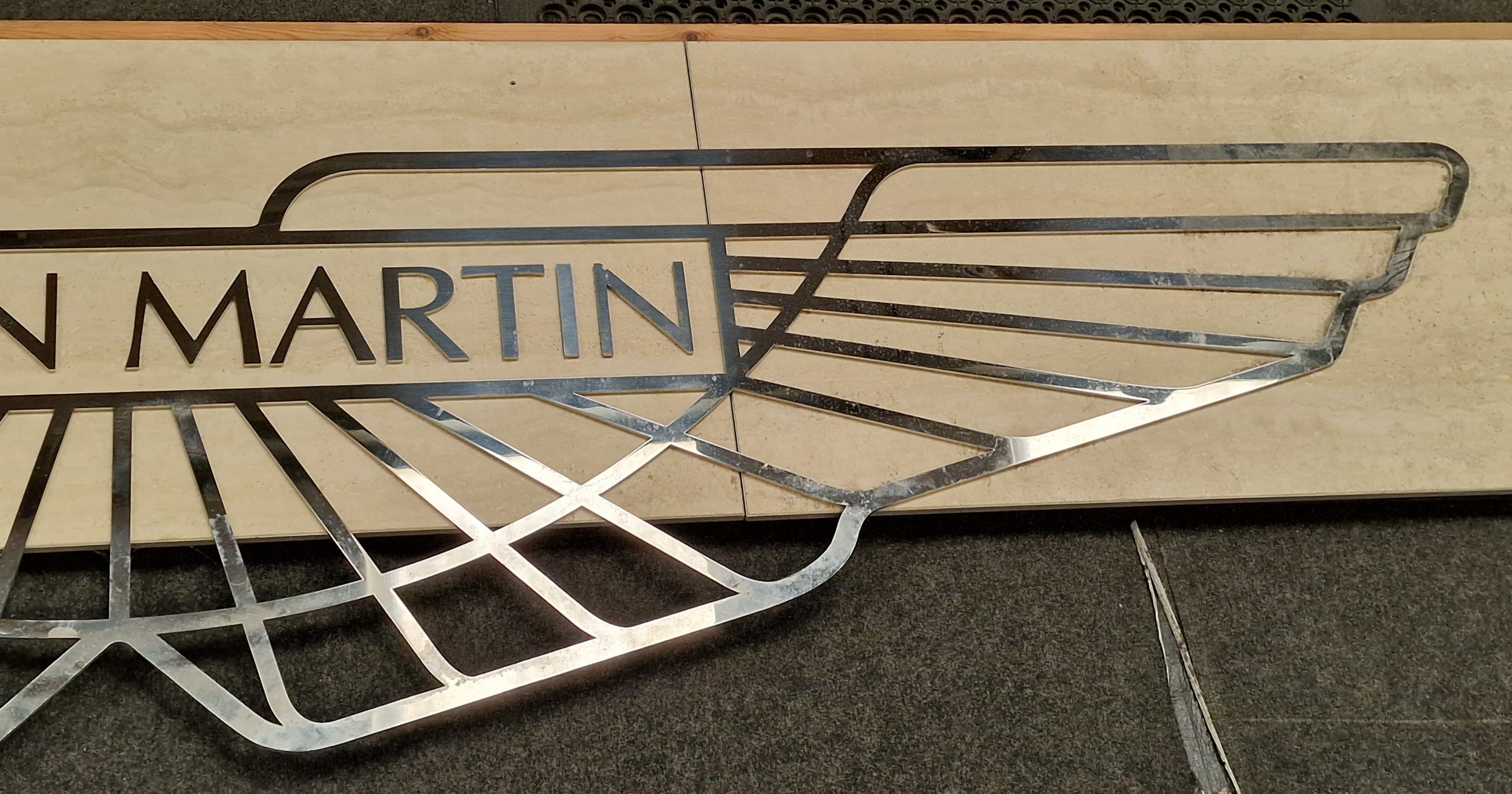 A Stainless steel Aston Martin exhibition sign mounted on slate board 300x72cm total size. - Image 3 of 4