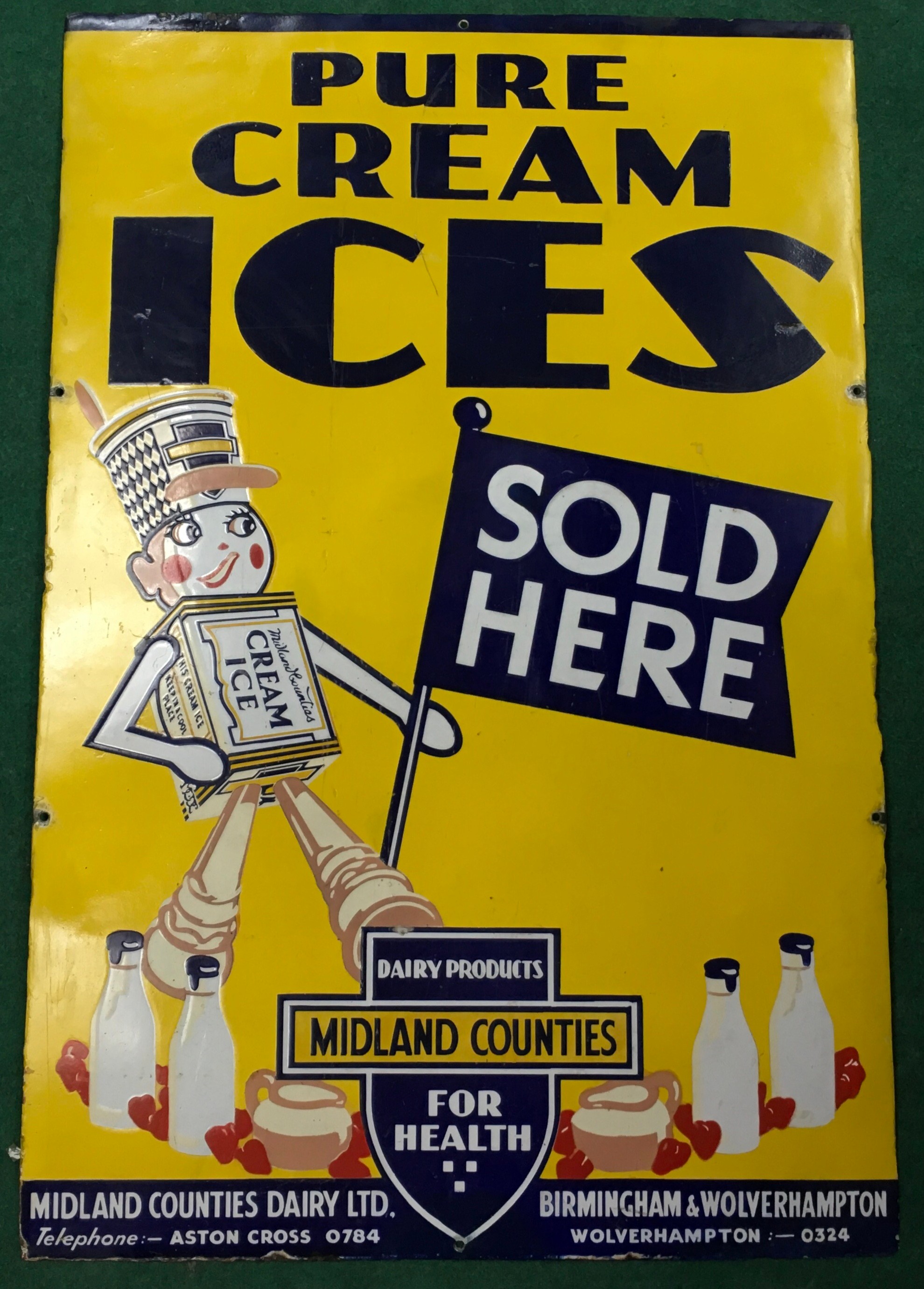 Original vintage enamel sign advertising Midland Counties Pure Cream Ices. Size 24" x 36"