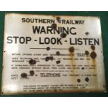 Original vintage enamel sign for Southern Railway 'Warning-Stop-Look-Listen'. Size 29" x 22.5"