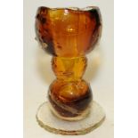Large tangerine glass goblet in the Whitefriars style with signature to base. 20cm tall
