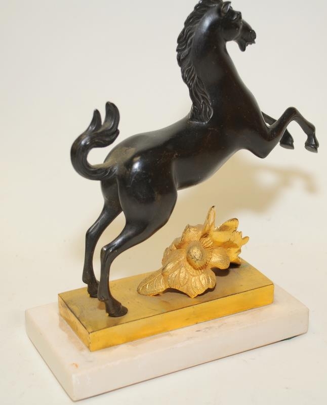 Three cast metal animals to include a large bronze rearing horse with indistinct signature to - Image 4 of 9