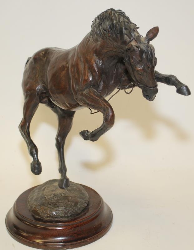 Three cast metal animals to include a large bronze rearing horse with indistinct signature to - Image 6 of 9
