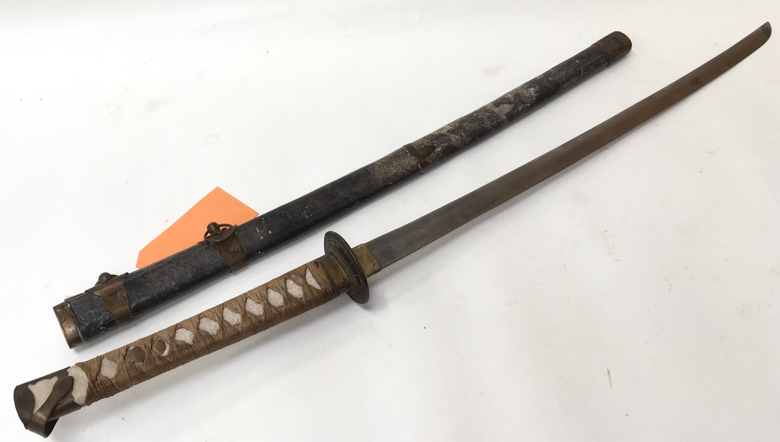 WWII Japanese Officers sword including leather scabbard with brass decoration and a ray skin and - Image 3 of 7