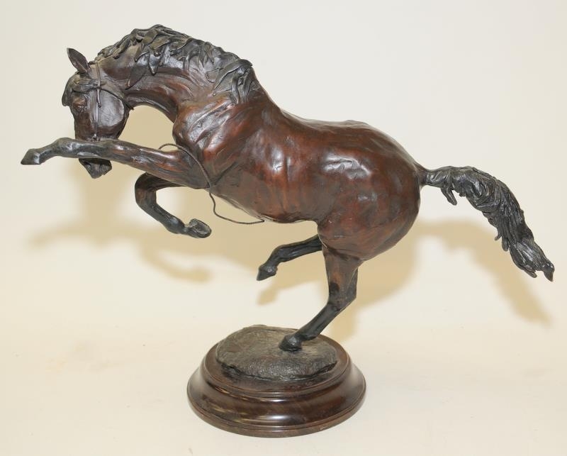 Three cast metal animals to include a large bronze rearing horse with indistinct signature to - Image 5 of 9