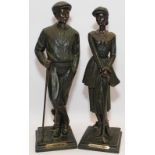 Juliana bronzed figures of male and female golfers in vintage dress. Male figure 38cm tall