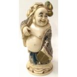Resin figure of a rotund Oriental figure in traditional dress with rats coming out of a bag over his