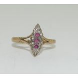 9ct gold ladies Ruby and Diamond Art Deco style ring size P