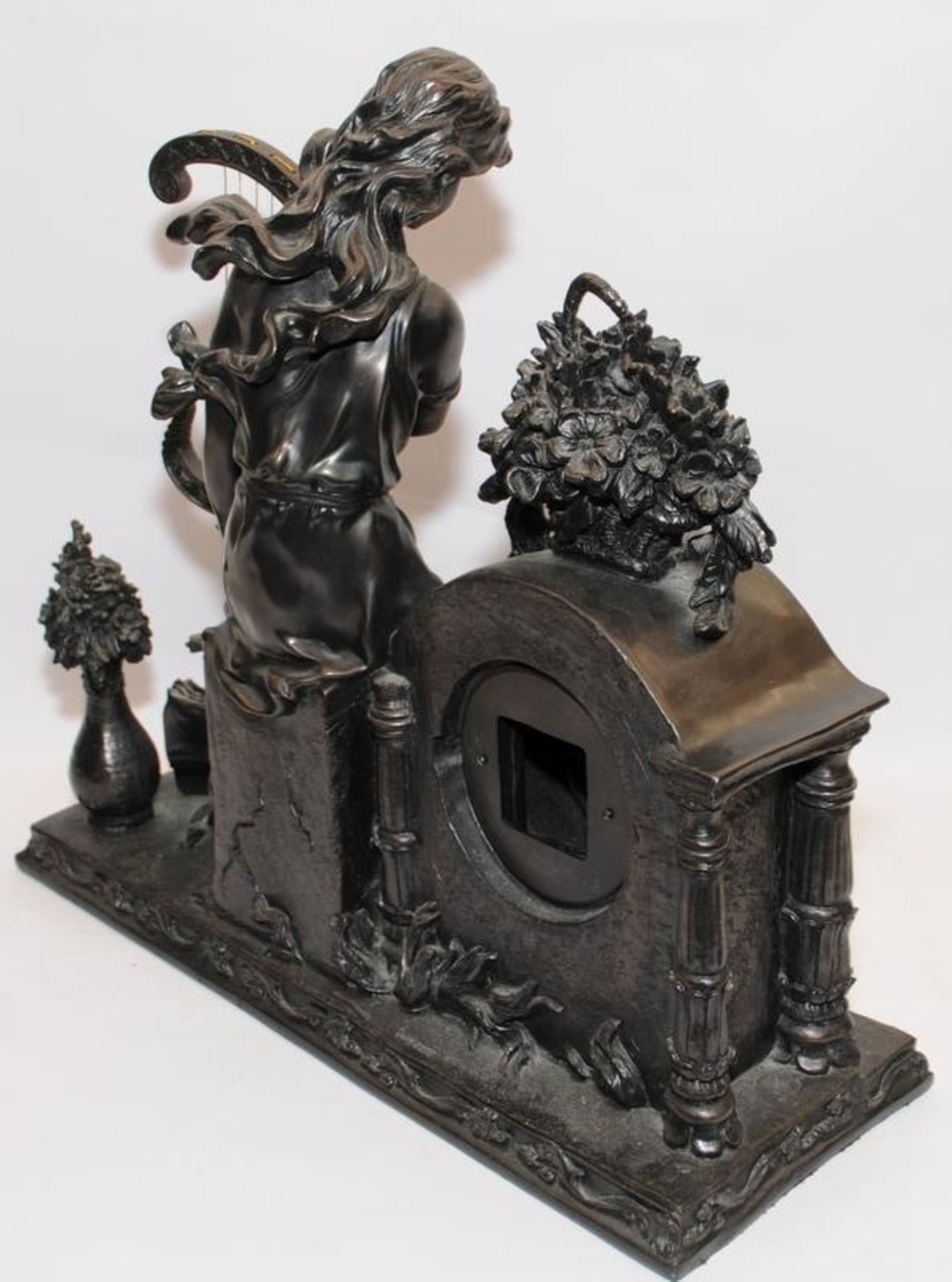 Large bronzed resin mantle clock featuring a classical Muse. 53cm across - Image 3 of 3