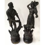 Pair of vintage bronzed spelter figures, Pecheur and Pecheuse (fisherman and fisherwoman). Approx