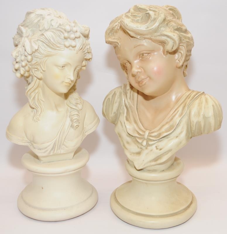 Pair of decorative resin busts in a classical style. 32cms tall