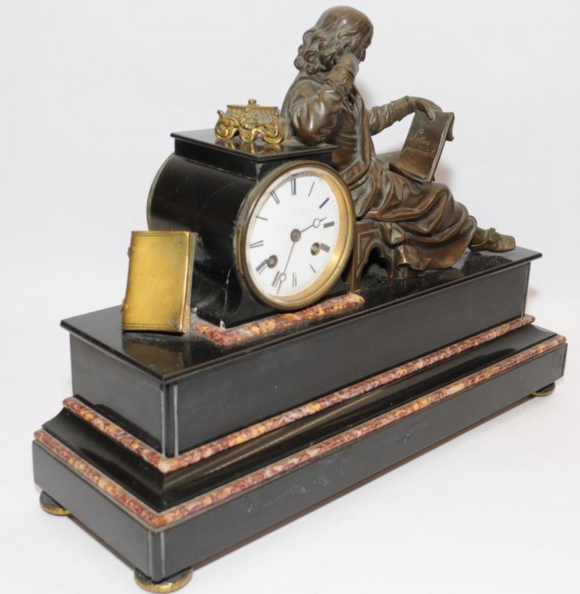 Large French striking mantle clock featuring a bronze figure upon a marble plinth. O/all 44.5cm - Image 3 of 6