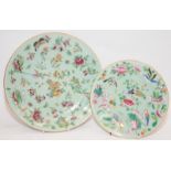 Pair of signed vintage Oriental cabinet plates with enamel decoration on a green ground. Larger