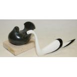 Collectible Cmielow porcelain swan c/w a mounted abstract bronze dove on a marble plinth signed by