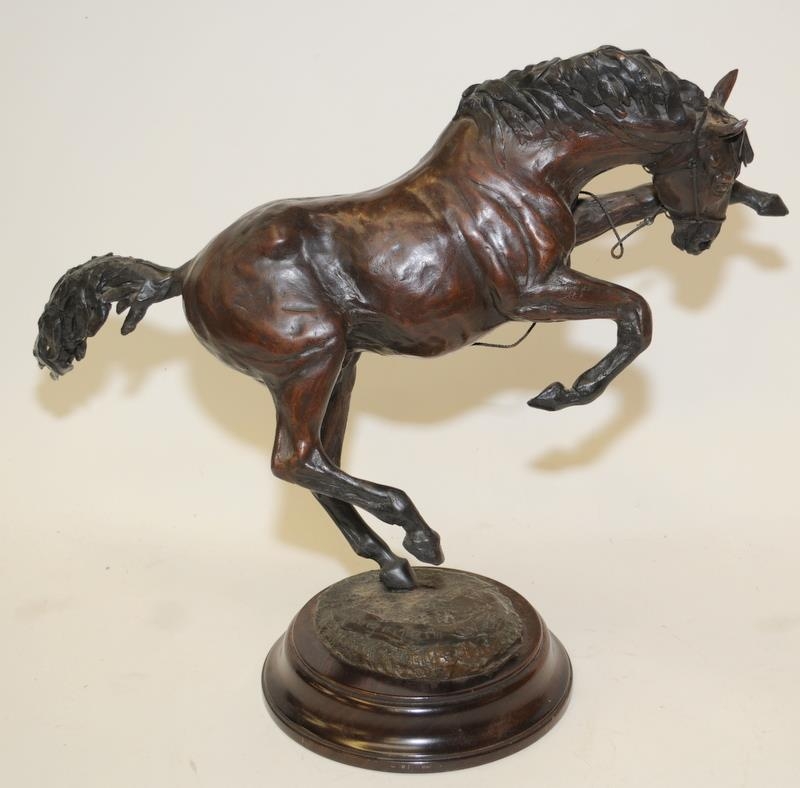 Three cast metal animals to include a large bronze rearing horse with indistinct signature to - Image 7 of 9