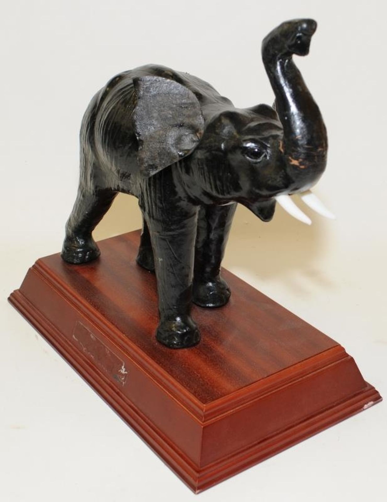 Vintage tooled leather over wood elephant mounted on a wooden plinth o/all height not including - Image 2 of 4